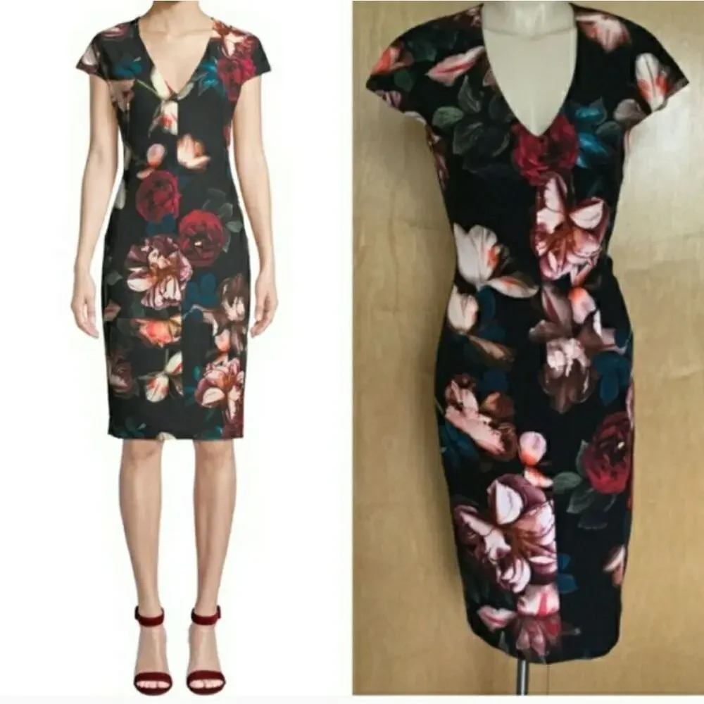Black Halo Floral-Print Short -Sleeve Sheat Dress - Picture 1 of 6